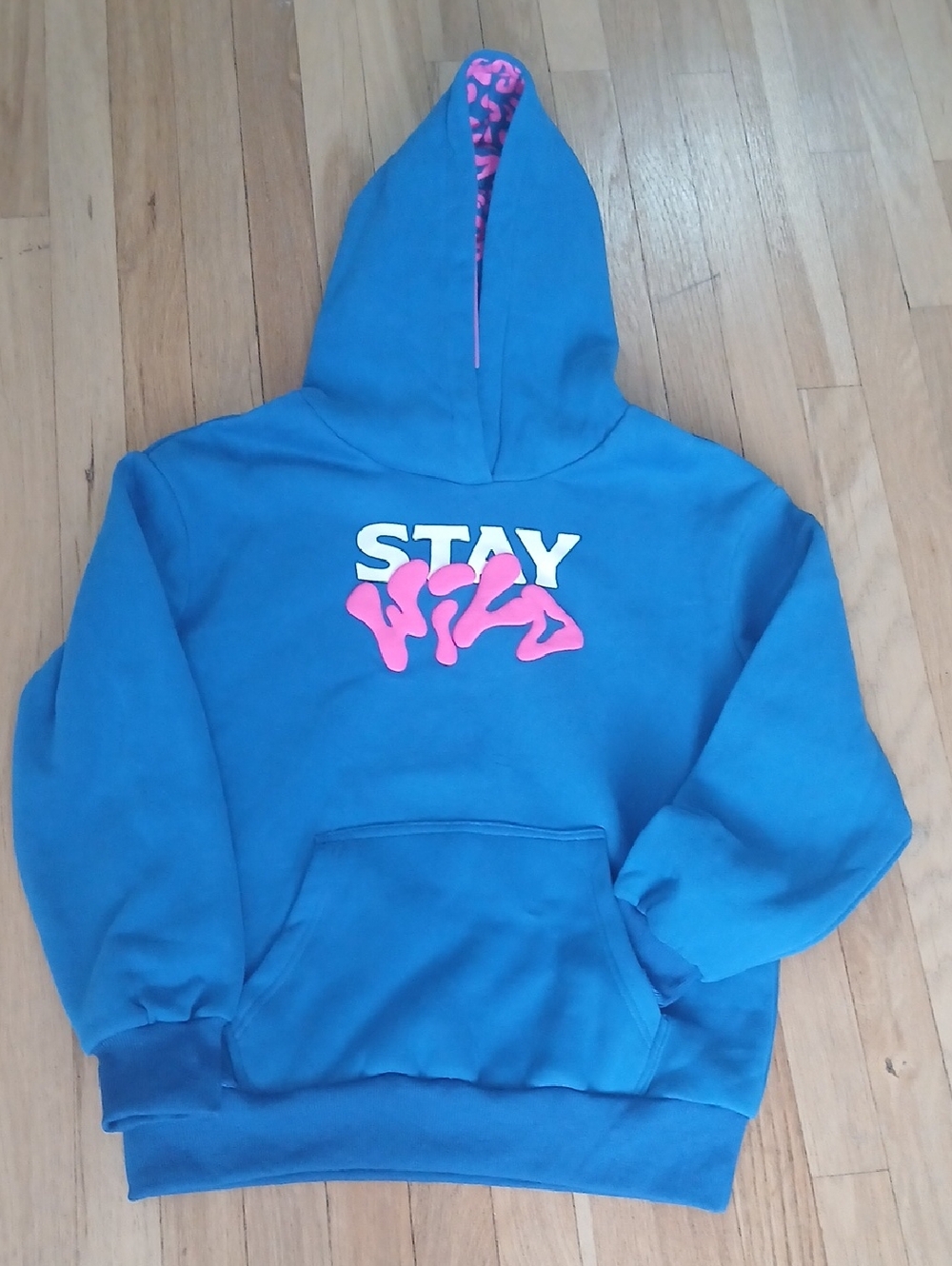 STAY WILD Graphic Hoodie in Bright Blue & Hot Pink Size M